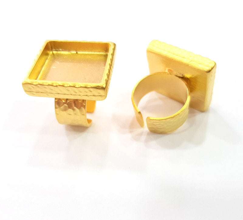 Gold Ring Blank Setting Cabochon Base inlay Ring Hammered Mounting Adjustable Ring Bezel (20x20mm blank ) Gold Plated Metal G16123