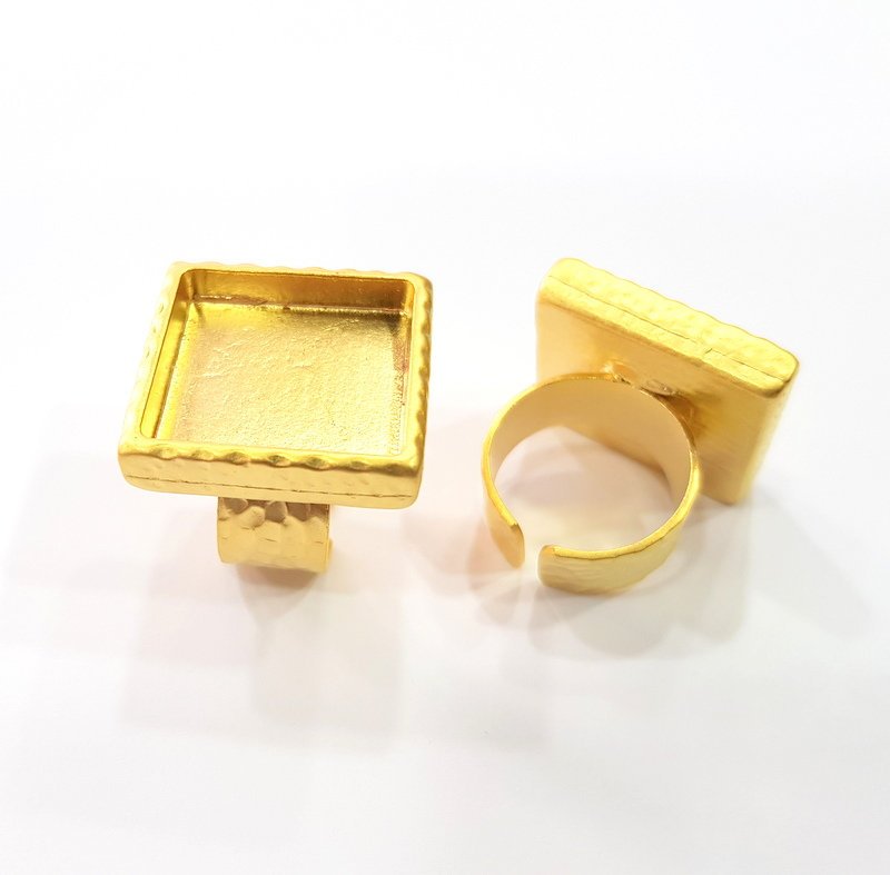 Gold Ring Blank Setting Cabochon Base inlay Ring Hammered Mounting Adjustable Ring Bezel (20x20mm blank ) Gold Plated Metal G16123