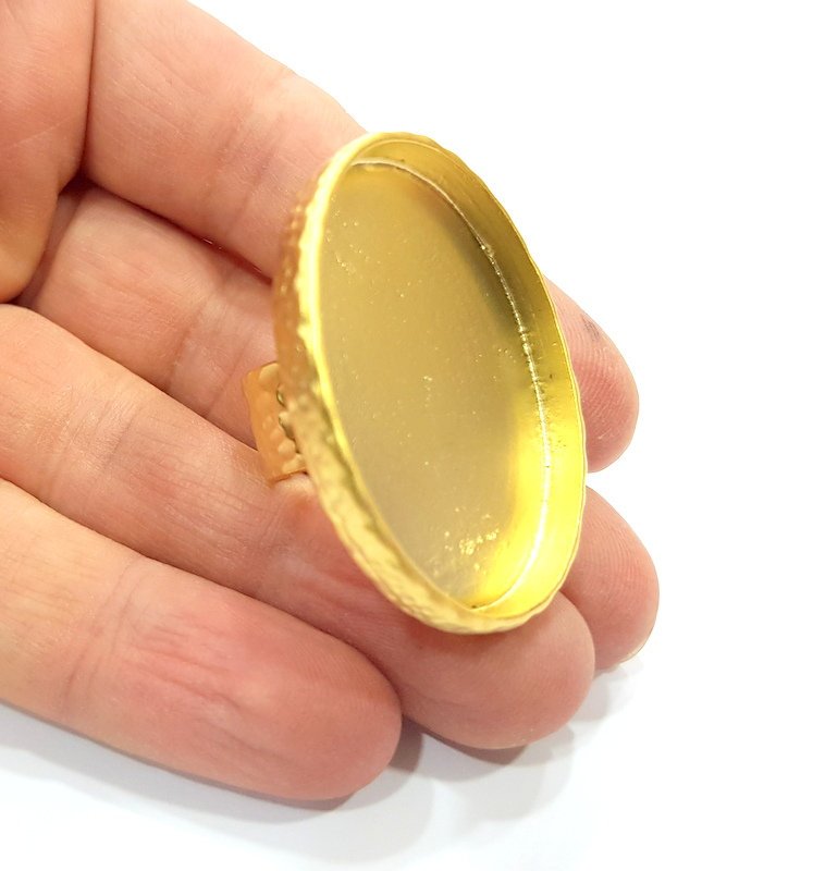 Gold Ring Blank Setting Cabochon Base inlay Ring Hammered Mounting Adjustable Ring Bezel (40x30mm blank ) Gold Plated Metal G16128