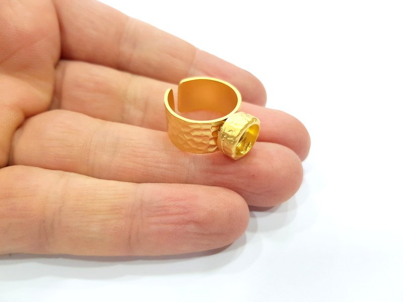 Gold Ring Blank Setting Cabochon Base inlay Ring Hammered Mounting Adjustable Ring Bezel (8mm blank ) Gold Plated Metal G16132