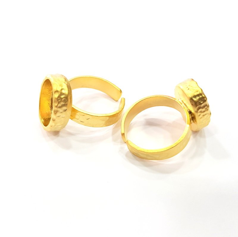Gold Ring Blank Setting Cabochon Base inlay Ring Hammered Mounting Adjustable Ring Bezel (14x10mm blank ) Gold Plated Metal G16136