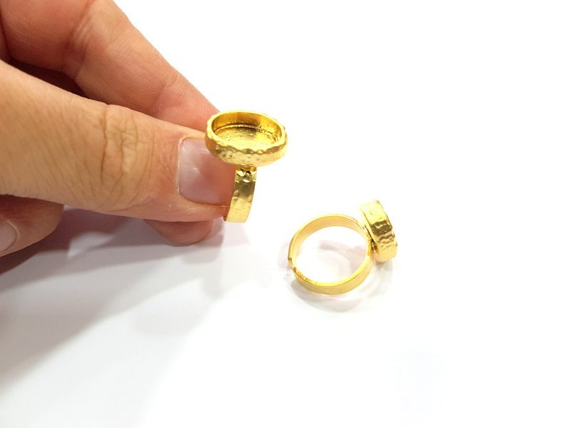 Gold Ring Blank Setting Cabochon Base inlay Ring Hammered Mounting Adjustable Ring Bezel (14x10mm blank ) Gold Plated Metal G16136