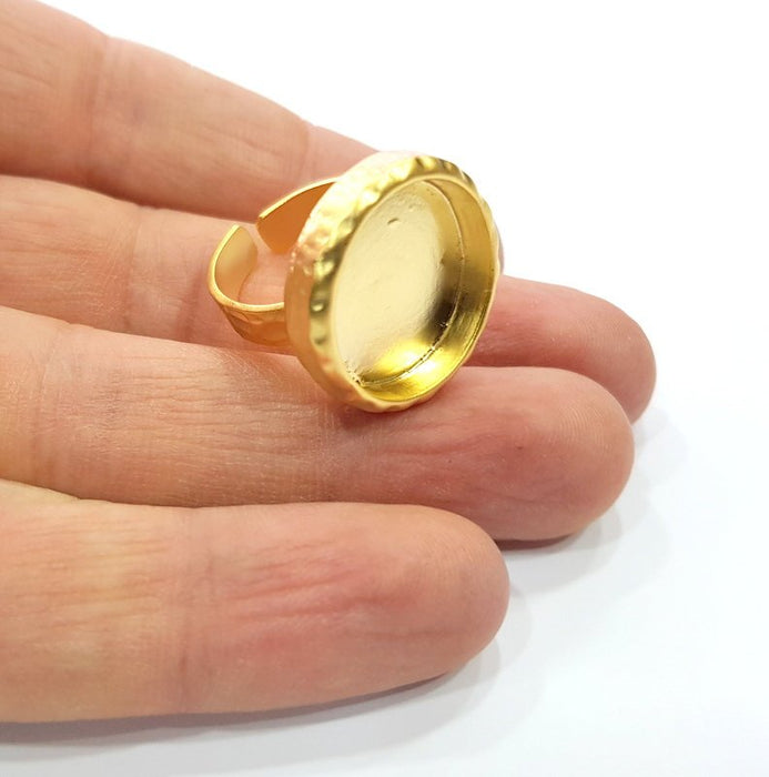 Gold Ring Blank Setting Cabochon Base inlay Ring Hammered Mounting Adjustable Ring Bezel (18mm blank ) Gold Plated Metal G16147