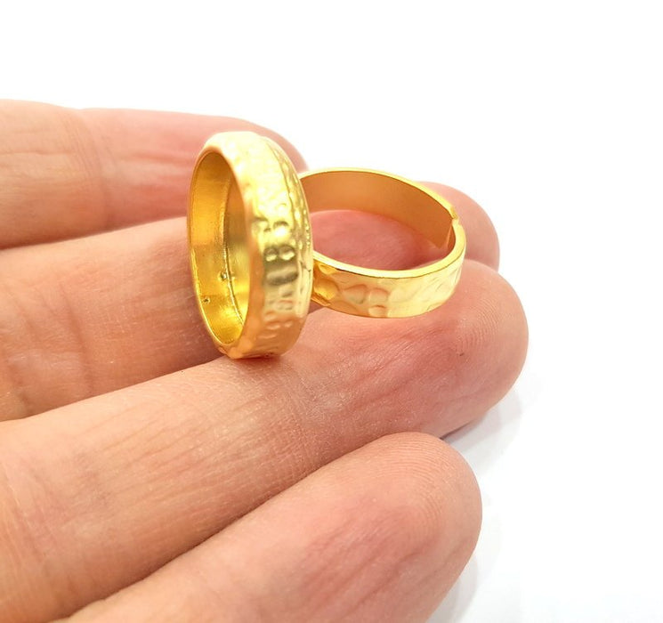 Gold Ring Blank Setting Cabochon Base inlay Ring Hammered Mounting Adjustable Ring Bezel (16mm blank ) Gold Plated Metal G16151