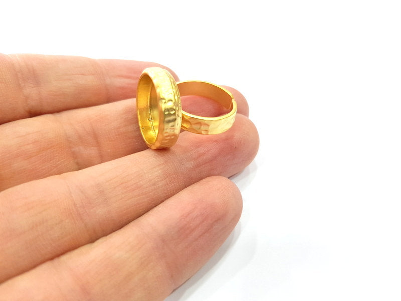 Gold Ring Blank Setting Cabochon Base inlay Ring Hammered Mounting Adjustable Ring Bezel (16mm blank ) Gold Plated Metal G16151