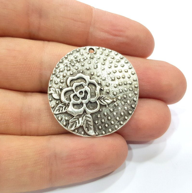 2 Flower Charms Antique Silver Plated Charms (33mm)  G16160
