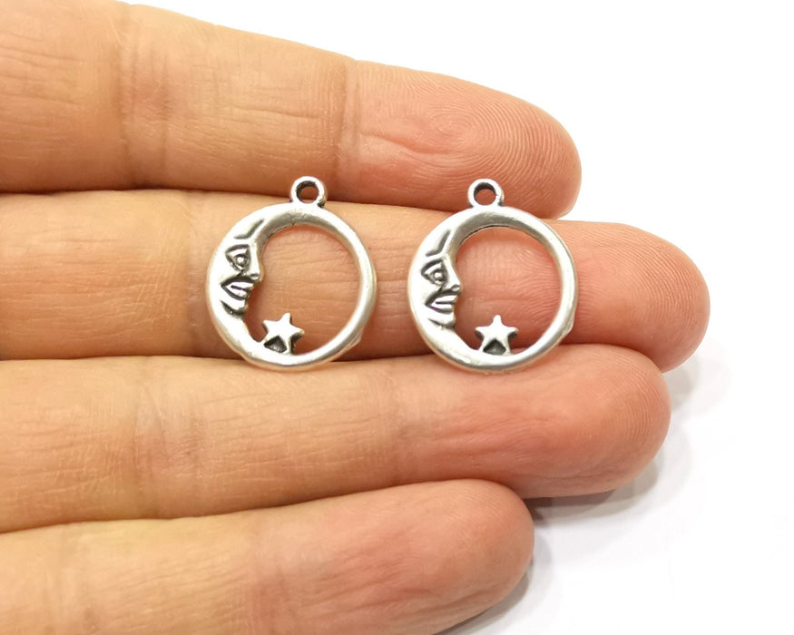 10 Moon and Star Charm Silver Charms Antique Silver Plated Metal (17x14mm) G17074