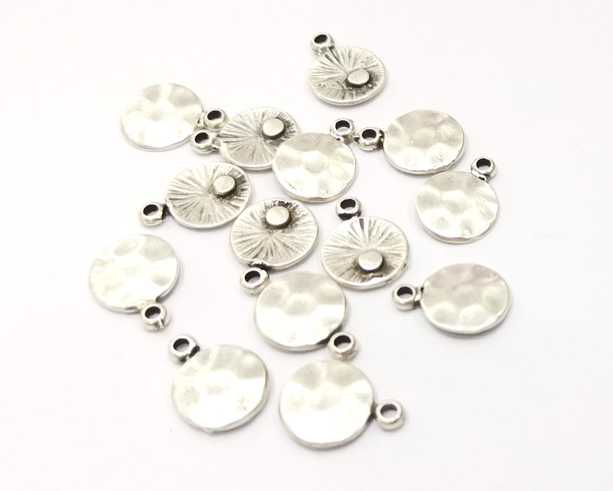 10 Hammered Round Charms Antique Silver Plated Charms (15x11mm)  G17075