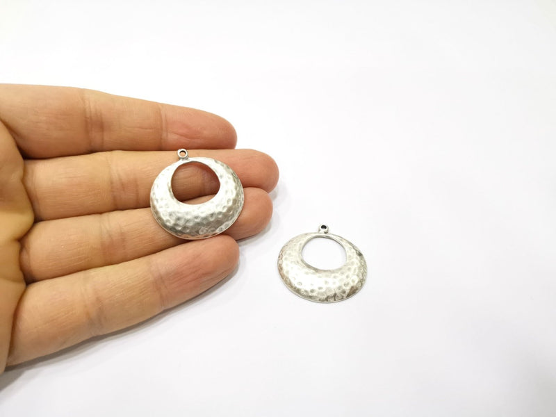 2 Silver Hammered Charms Antique Silver Plated Charms (30mm)  G17115
