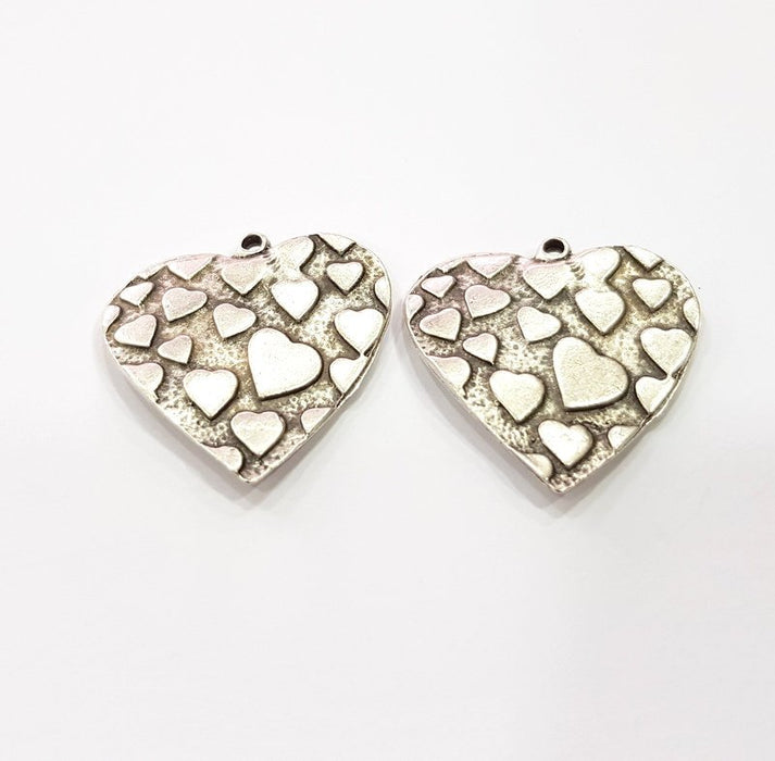 2 Heart Charms Antique Silver Plated Charms (30mm)  G16182