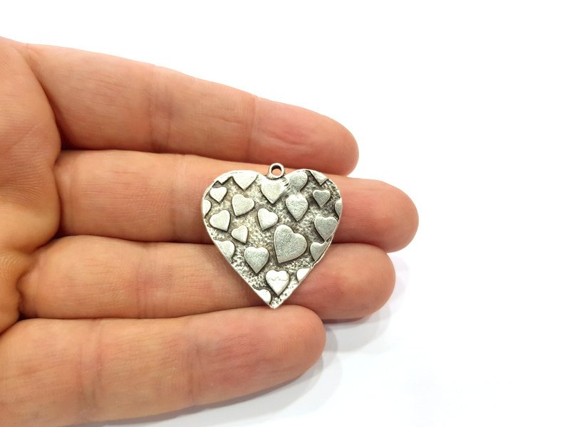 2 Heart Charms Antique Silver Plated Charms (30mm)  G16182