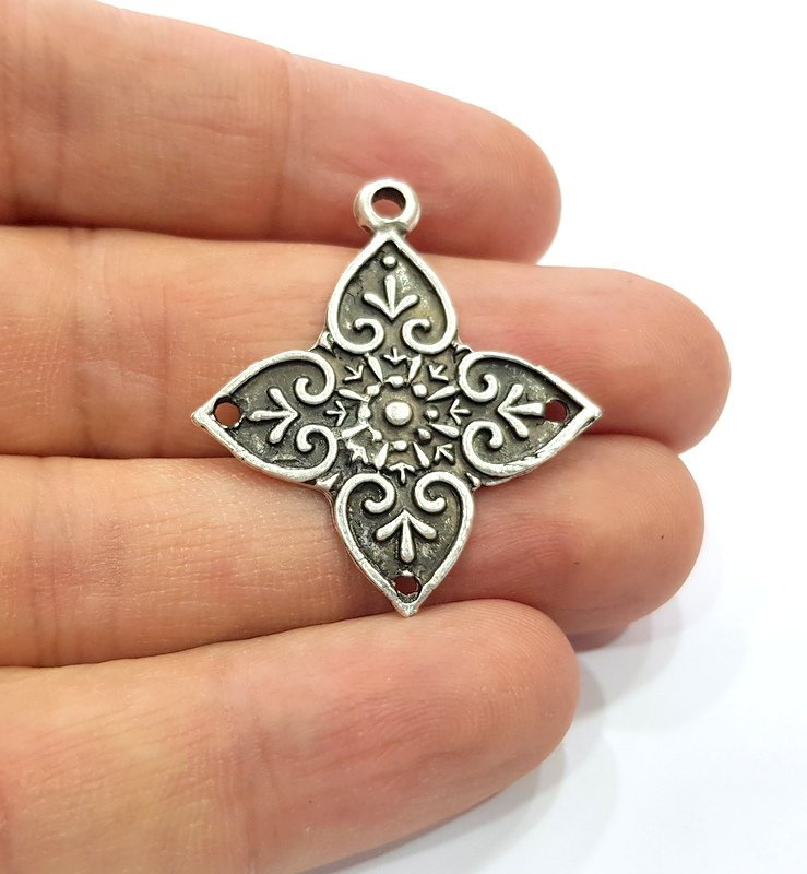 2 Silver Charms Connector Findings Antique Silver Plated Metal Charms (36x33mm)  G16302