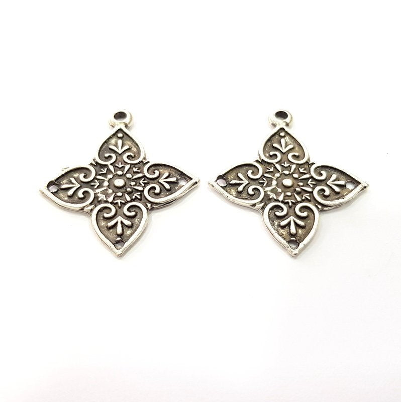 2 Silver Charms Connector Findings Antique Silver Plated Metal Charms (36x33mm)  G16302