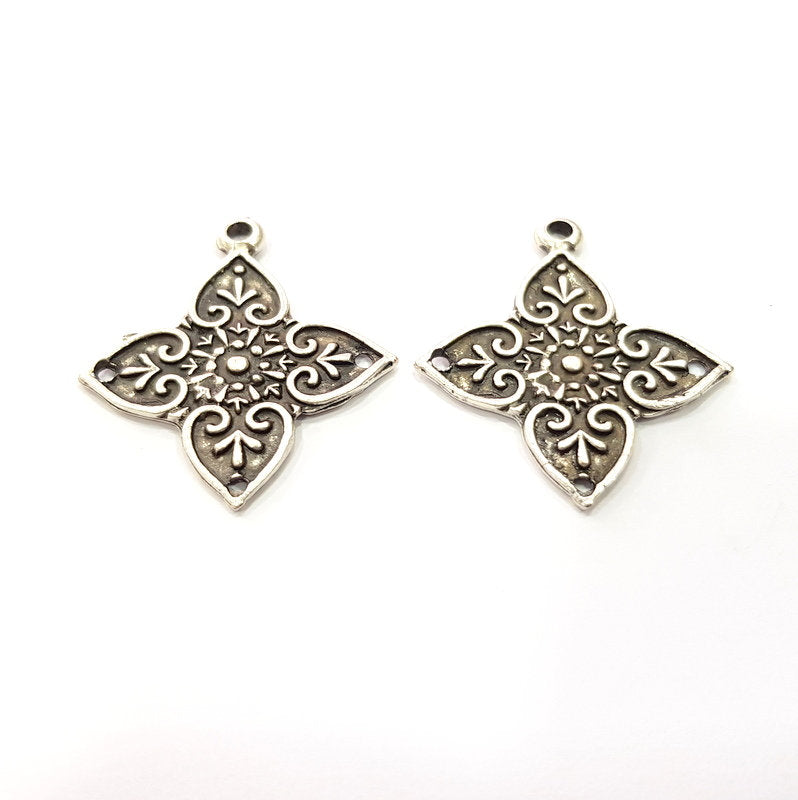 2 Silver Charms Connector Findings Antique Silver Plated Metal Charms (36x33mm)  G16302