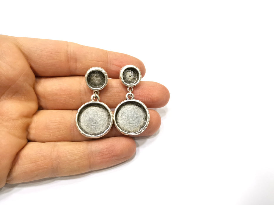 Earring Blank Backs Silver Base Setting Hammered Resin Blank Cabochon Base inlay Mounting Antique Silver Plated (10+18mm) 1 Pair G17138
