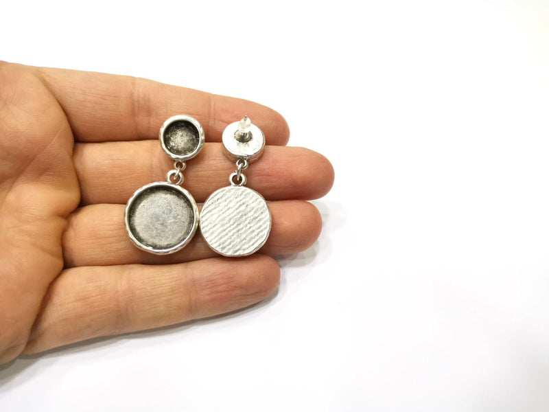 Earring Blank Backs Silver Base Setting Hammered Resin Blank Cabochon Base inlay Mounting Antique Silver Plated (10+18mm) 1 Pair G17138