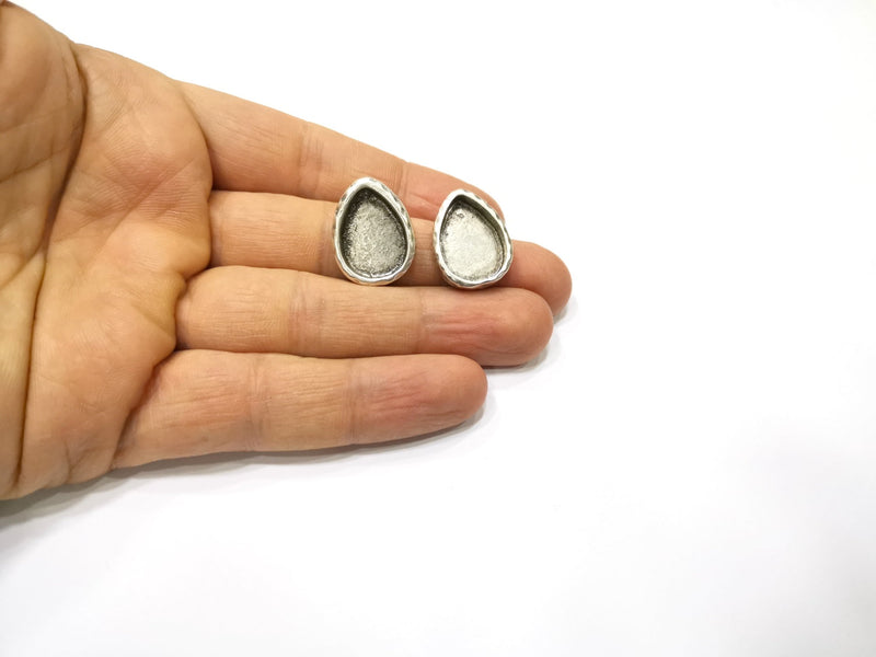 Earring Blank Backs Silver Base Setting Hammered Resin Blank Cabochon Base inlay Mounting Antique Silver Plated (18x13mm) 1 Pair G17139