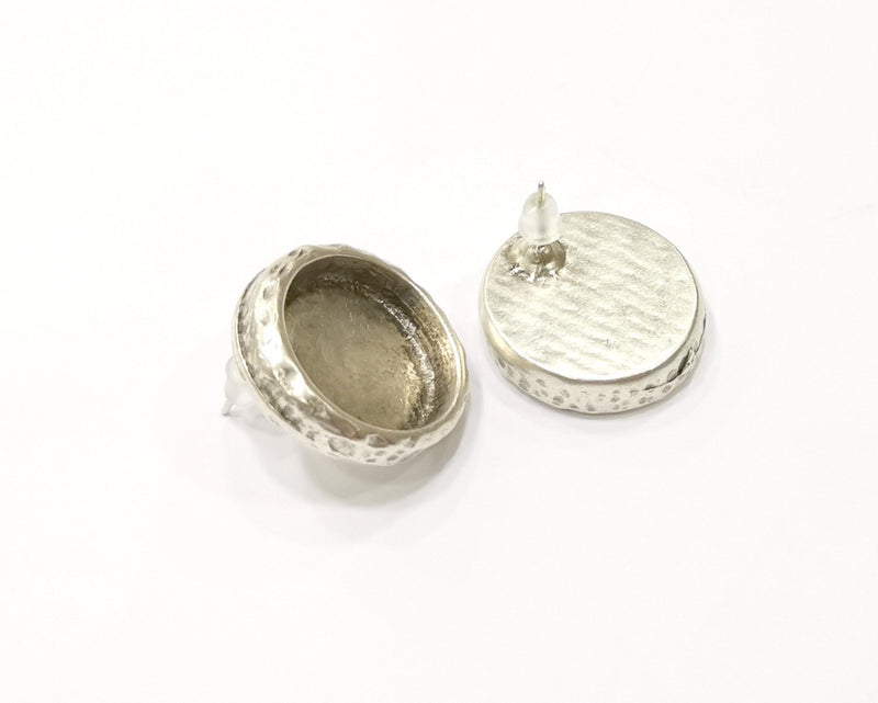 Earring Blank Backs Silver Base Setting Hammered Resin Blank Cabochon Base inlay Mounting Antique Silver Plated (16mm) 1 Pair G17140