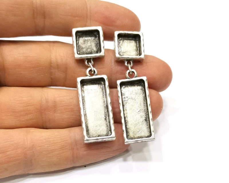 Earring Blank Backs Silver Base Setting Hammered Resin Blank Cabochon Base inlay Mounting Antique Silver Plated (10+25x10mm) 1 Pair G17460