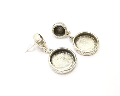 Earring Blank Backs Silver Base Setting Hammered Resin Blank Cabochon Base inlay Mounting Antique Silver Plated (8mm+16mm) 1 Pair G17142