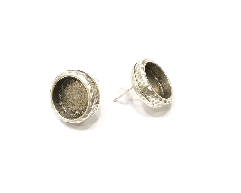 Earring Blank Backs Silver Base Setting Hammered Resin Blank Cabochon Base inlay Mounting Antique Silver Plated (12mm) 1 Pair G17143