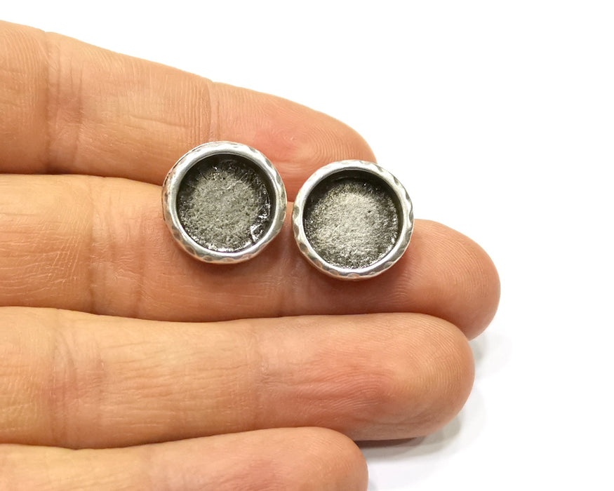Earring Blank Backs Silver Base Setting Hammered Resin Blank Cabochon Base inlay Mounting Antique Silver Plated (12mm) 1 Pair G17143
