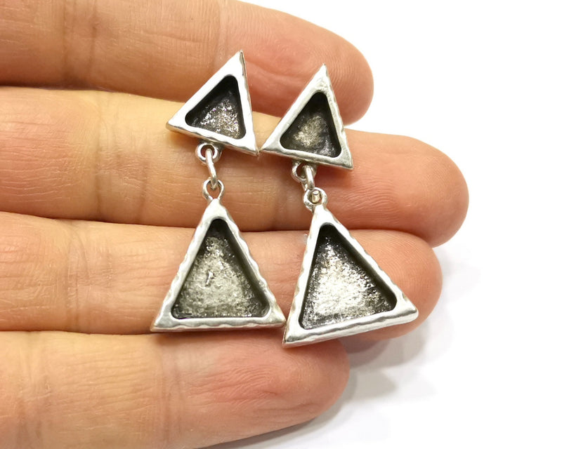 Earring Blank Backs Silver Base Setting Hammered Resin Blank Cabochon Base inlay Mounting Antique Silver Plated (9x8+14x13mm) 1 Pair G17144