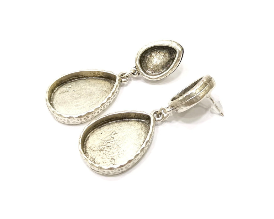 Earring Blank Backs Silver Base Setting Hammered Resin Blank Cabochon Base inlay Mounting Antique Silver Plated (25x18+14x10mm)1 Pair G15848