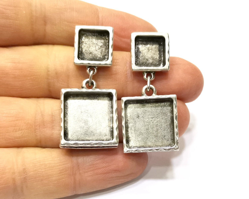 Earring Blank Backs Silver Base Setting Hammered Resin Blank Cabochon Base inlay Mounting Antique Silver Plated (10x10+16x16mm)1 Pair G17493