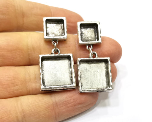 Earring Blank Backs Silver Base Setting Hammered Resin Blank Cabochon Base inlay Mounting Antique Silver Plated (10x10+16x16mm)1 Pair G17493