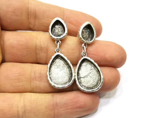 Earring Blank Backs Silver Base Setting Hammered Resin Blank Cabochon Base inlay Mounting Antique Silver Plated (18x13+10x8mm)1 Pair G17497