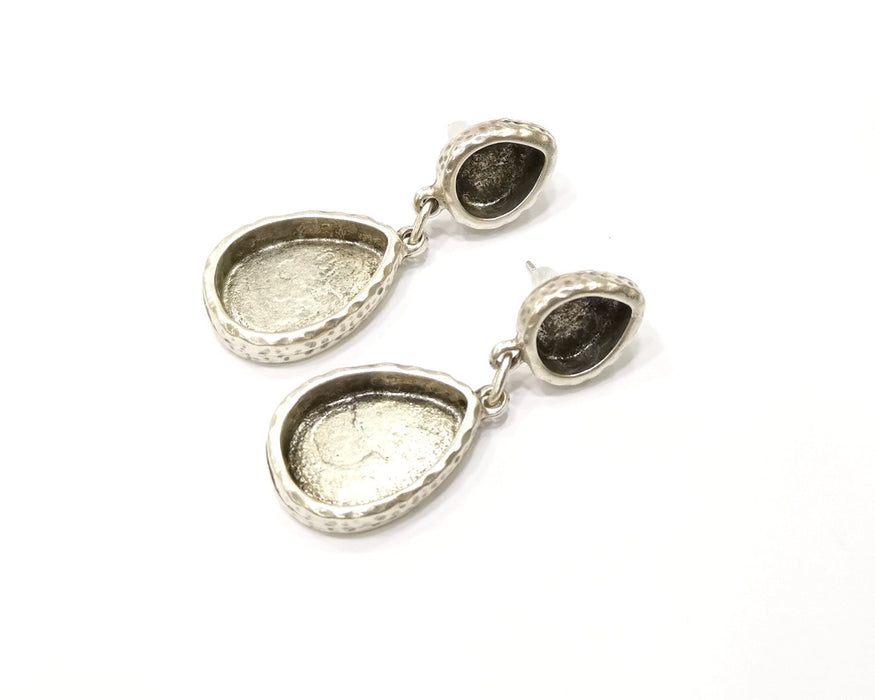 Earring Blank Backs Silver Base Setting Hammered Resin Blank Cabochon Base inlay Mounting Antique Silver Plated (18x13+10x8mm)1 Pair G17497