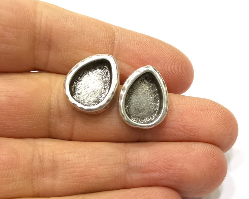 Earring Blank Backs Silver Base Setting Hammered Resin Blank Cabochon Base inlay Mounting Antique Silver Plated (14x10mm) 1 Pair G17158