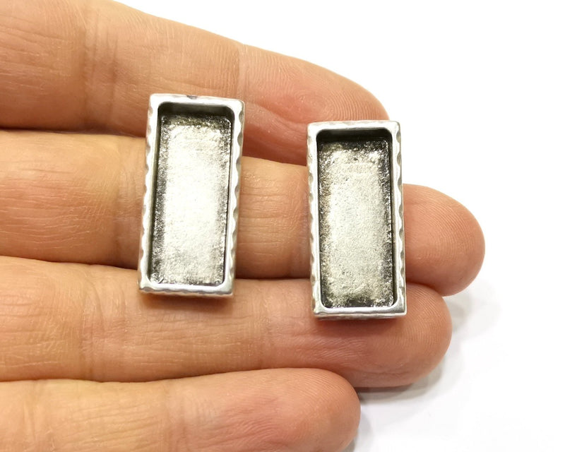 Earring Blank Backs Silver Base Setting Hammered Resin Blank Cabochon Base inlay Mounting Antique Silver Plated (25x10mm) 1 Pair G17159