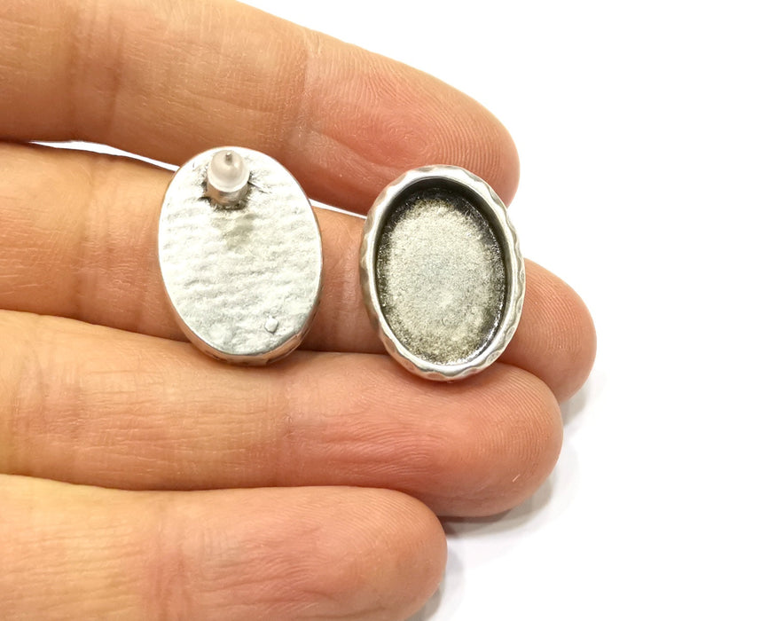 Earring Blank Backs Silver Base Setting Hammered Resin Blank Cabochon Base inlay Mounting Antique Silver Plated (18x13mm) 1 Pair G17160