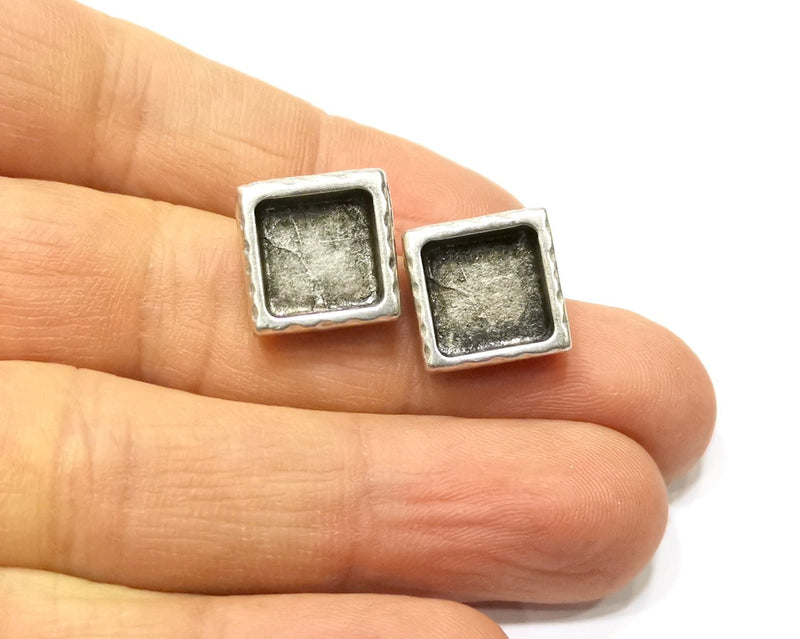 Earring Blank Backs Silver Base Setting Hammered Resin Blank Cabochon Base inlay Mounting Antique Silver Plated (10x10mm)1 Pair G17163