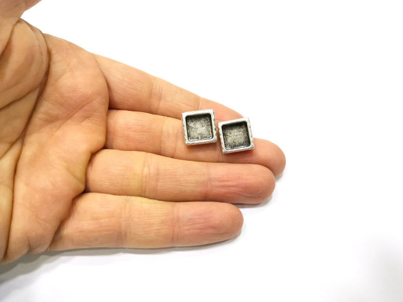 Earring Blank Backs Silver Base Setting Hammered Resin Blank Cabochon Base inlay Mounting Antique Silver Plated (10x10mm)1 Pair G17163