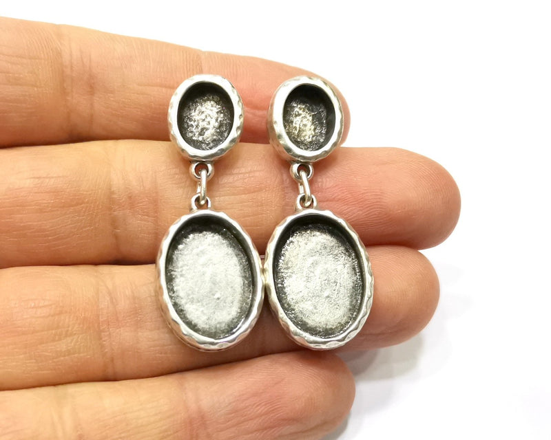 Earring Blank Backs Silver Base Setting Hammered Resin Blank Cabochon Base inlay Mounting Antique Silver Plated (18x13+10x8mm) 1 Pair G17165
