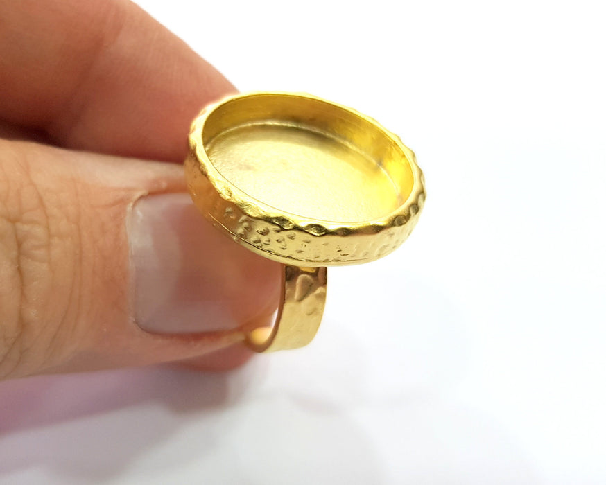 Gold Ring Blank Setting Cabochon Base inlay Ring Hammered Mounting Adjustable Ring Bezel (20mm blank ) Gold Plated Metal G16362