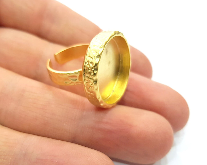 Gold Ring Blank Setting Cabochon Base inlay Ring Hammered Mounting Adjustable Ring Bezel (20mm blank ) Gold Plated Metal G16362