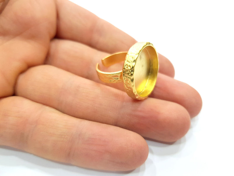 Gold Ring Blank Setting Cabochon Base inlay Ring Hammered Mounting Adjustable Ring Bezel (20mm blank ) Gold Plated Metal G16362