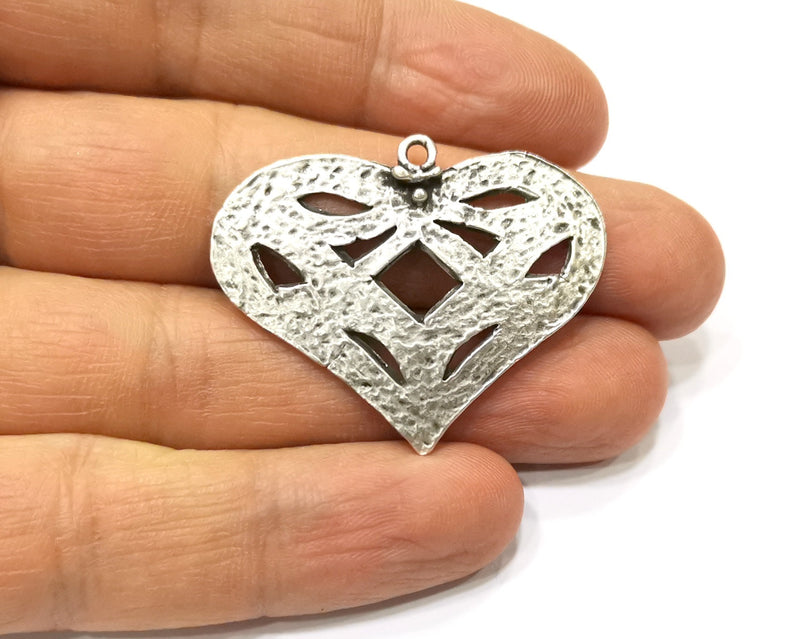 2 Heart Charms Antique Silver Plated Charms (40x32mm)  G17257