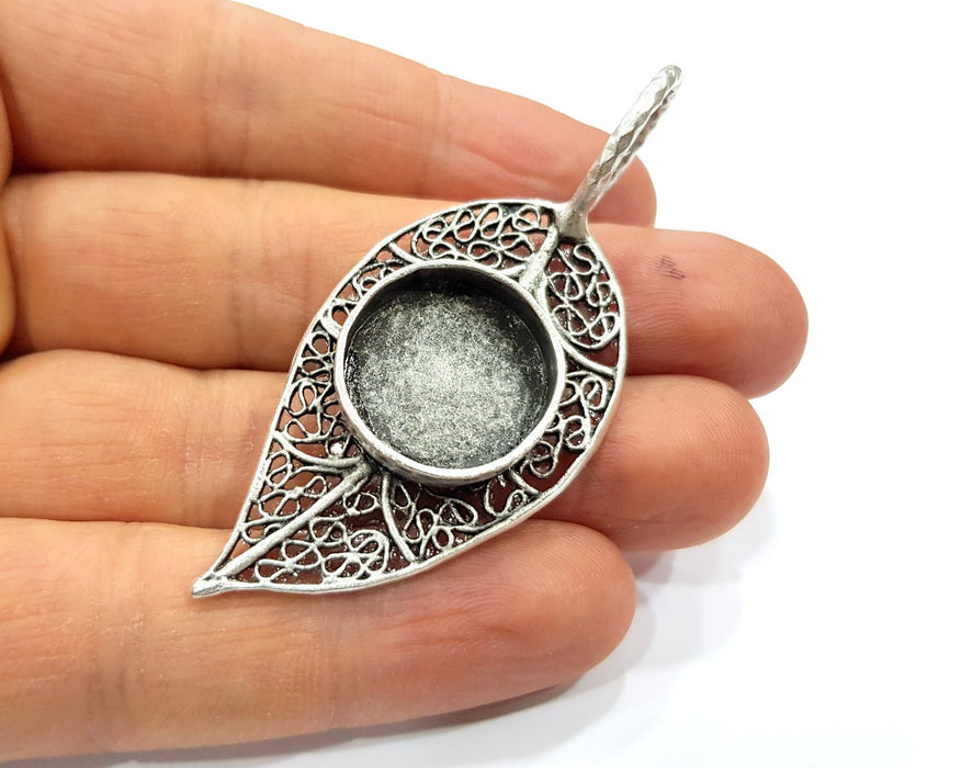 Silver Leaf Pendant Blank Connector Mosaic Base Blank inlay Blank Necklace Blank Resin Blank Antique Silver Plated Brass ( 18mm )  G16433