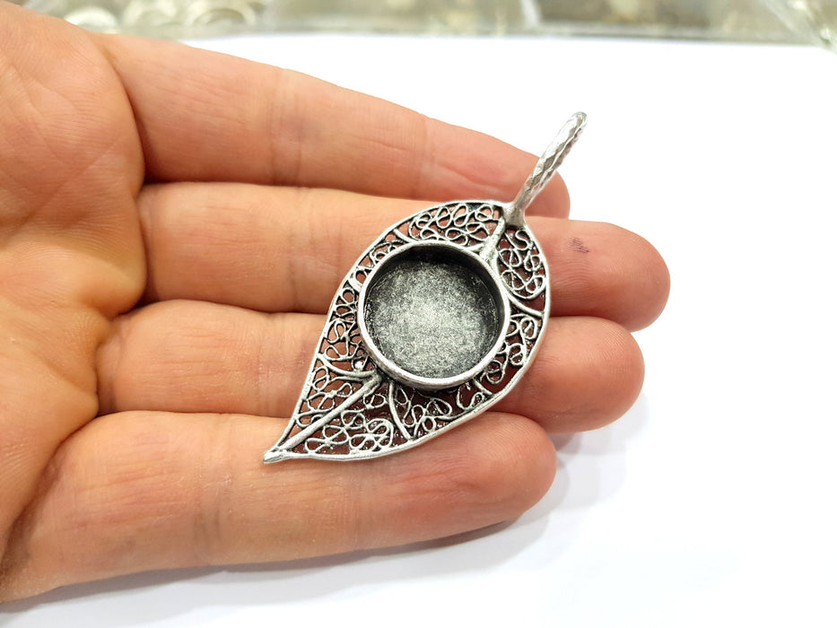 Silver Leaf Pendant Blank Connector Mosaic Base Blank inlay Blank Necklace Blank Resin Blank Antique Silver Plated Brass ( 18mm )  G16433