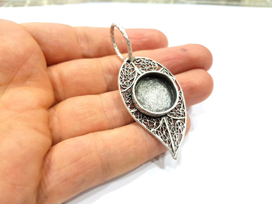 Silver Leaf Pendant Blank Connector Mosaic Base Blank inlay Blank Necklace Blank Resin Blank Antique Silver Plated Brass ( 18mm )  G16433