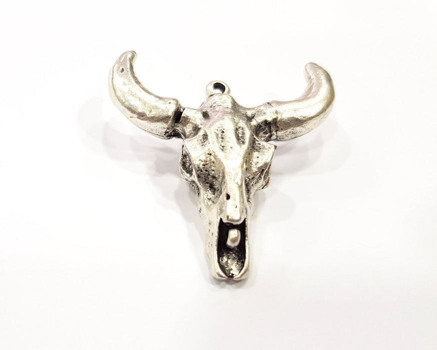 10 Ox Head Skull Pendant with nose ring Antique Silver Plated Pendant (44x42mm) G16434