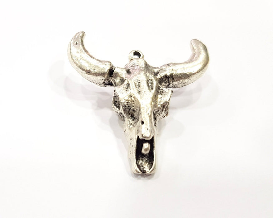 Ox Head Skull Pendant with nose ring Antique Silver Plated Pendant (44x42mm) G16434