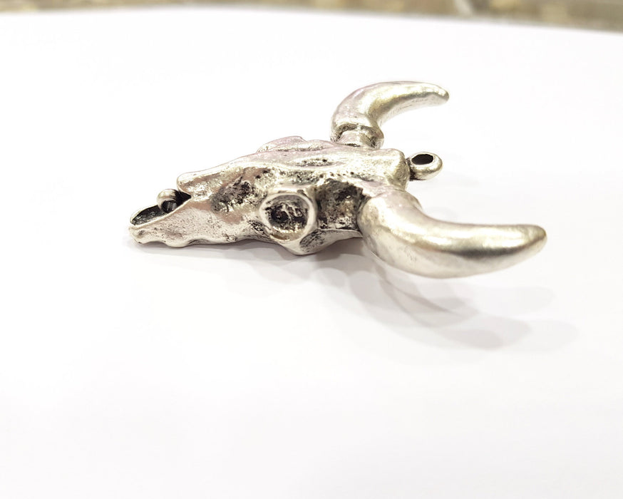 10 Ox Head Skull Pendant with nose ring Antique Silver Plated Pendant (44x42mm) G16434