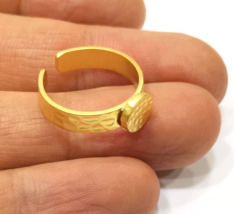 Gold Ring Blank Setting Cabochon Base Ring Hammered Mounting Adjustable Ring Bezel (8mm blank ) Gold Plated Metal G17337