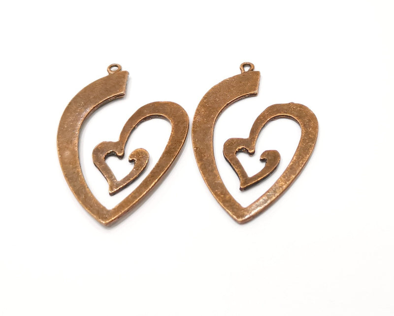 2 Heart Charm Antique Copper Charm (57x37mm) G17405